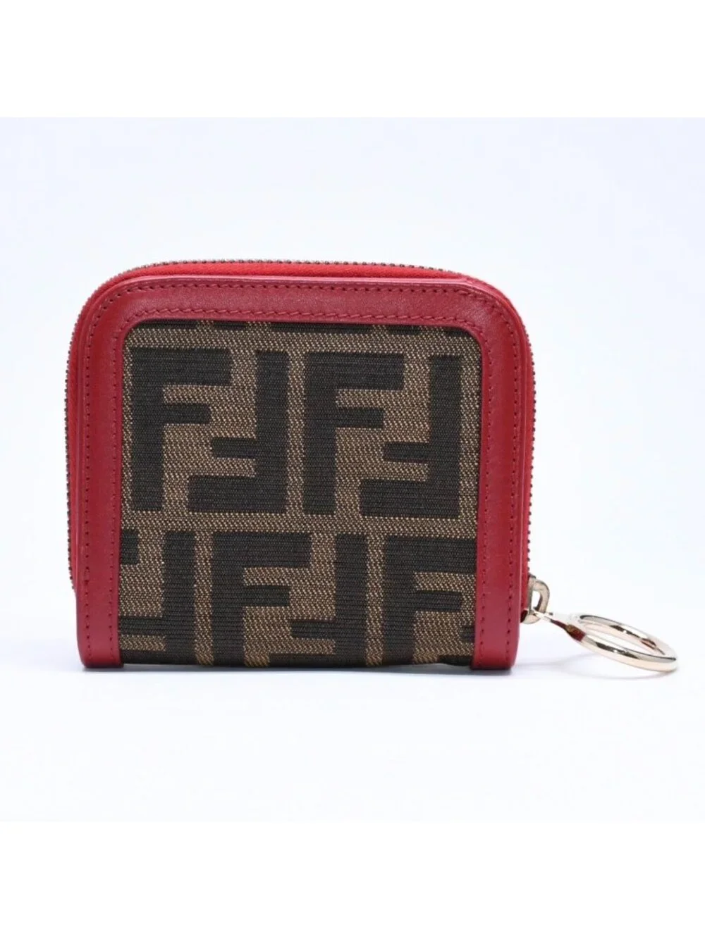 Fendi Compact Wallet Bifold Zucca Pattern Canvas Leather Brown Red Gold
